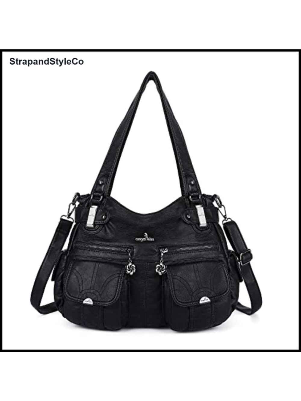 Designer Washed PU Leather Large Handbag Double Zipper Multi Pocket Purse